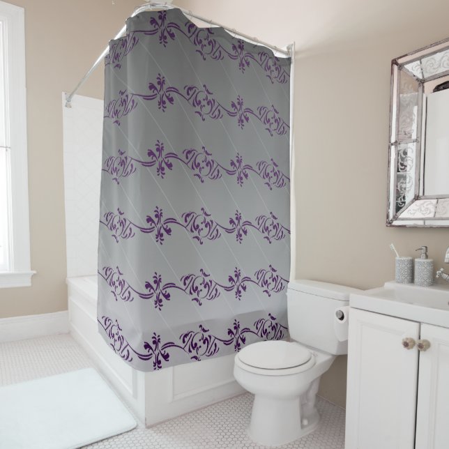Gray Gradient Purple Striped Floral Leaf Pattern Shower Curtain (In Situ)