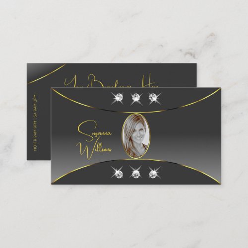 Gray Gradient with Gold Decor Jewels and Photo Business Card