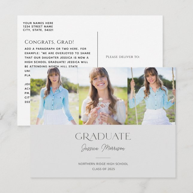 Gray Graduate Script Name Multi Photo Graduation Postcard (Front/Back)