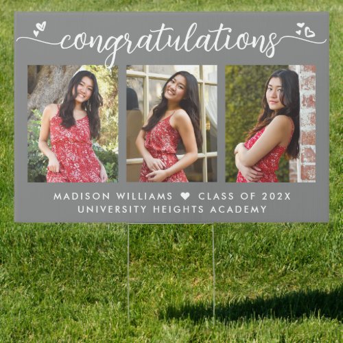 Gray Graduation 3 Photo Modern Script Hearts Yard Sign