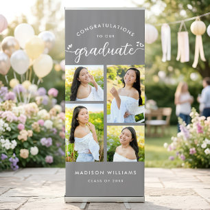 Gray Graduation 4 Photo Collage Script Hearts Bold Retractable Banner