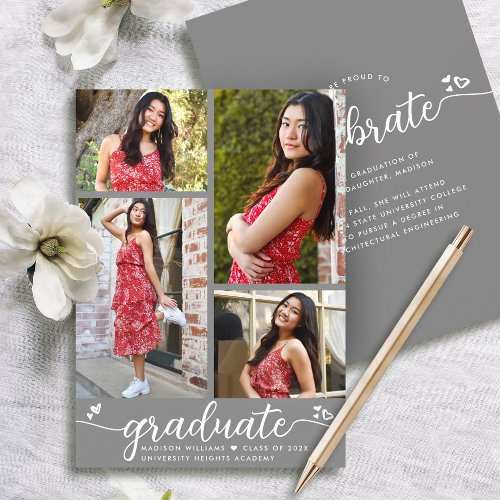 Gray Graduation 4 Photo Modern Calligraphy Hearts Announcement