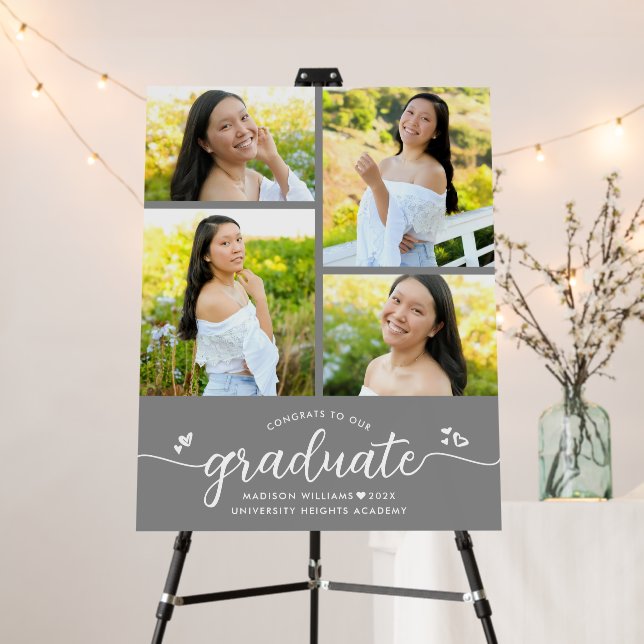 Gray Graduation 4 Photo White Script Hearts Modern Foam Board (In Situ (Stand))