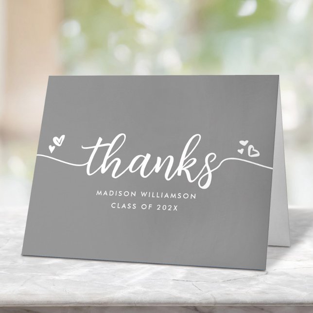 Gray Graduation Elegant Script Hearts Chic Modern Letterpress Thank You Card (Creator Uploaded)