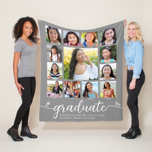 Gray Graduation K12 Modern Script Photo Collage Fleece Blanket