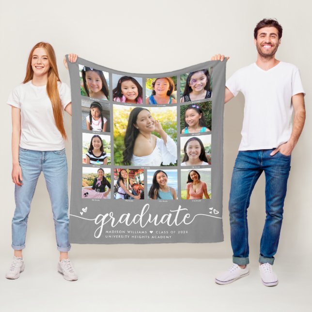 Gray Graduation K–12 Modern Script Photo Collage Fleece Blanket (In Situ)