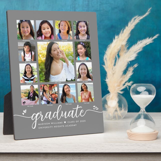 Gray Graduation K–12 Modern Script Photo Collage Plaque (Side)