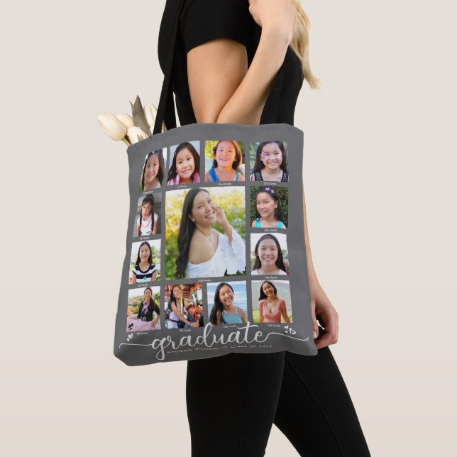 Gray Graduation K–12 Modern Script Photo Collage Tote Bag (Close Up)