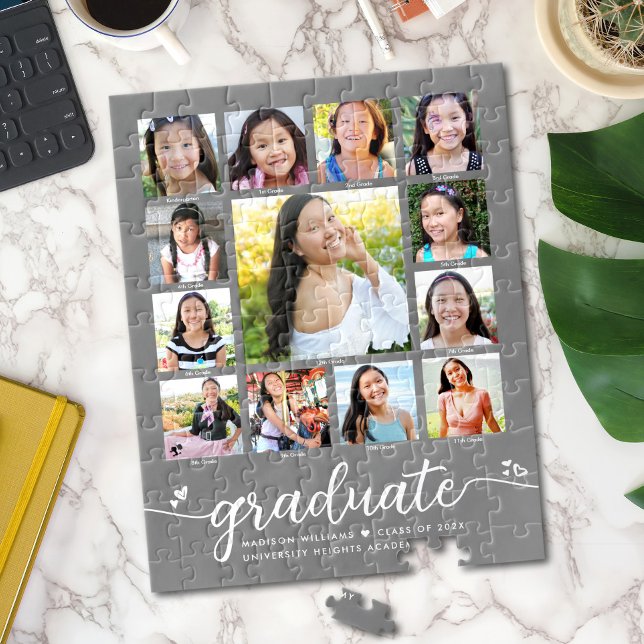 Gray Graduation K–12 Script Hearts Photo Collage Jigsaw Puzzle (Creator Uploaded)