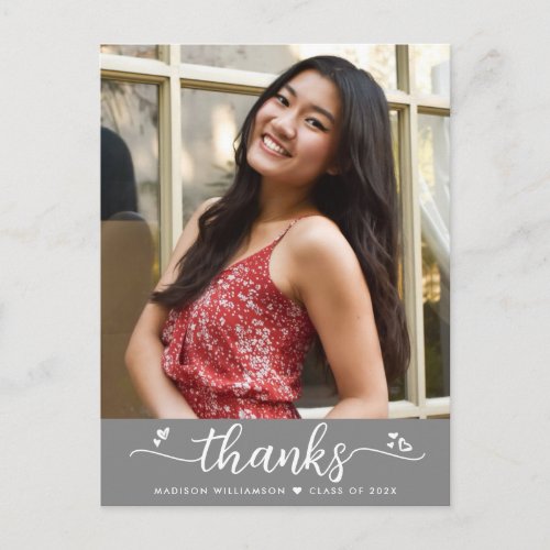 Gray Graduation Photo Chic Script Hearts Thank You Postcard