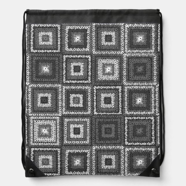 Gray Granny Square Pattern Drawstring Bag (Front)