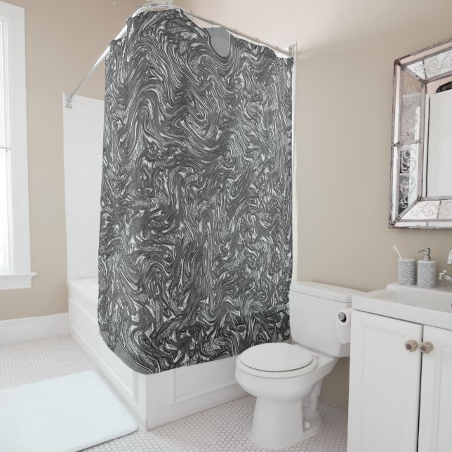 Gray graphite curved rough texture shower curtain (In Situ)