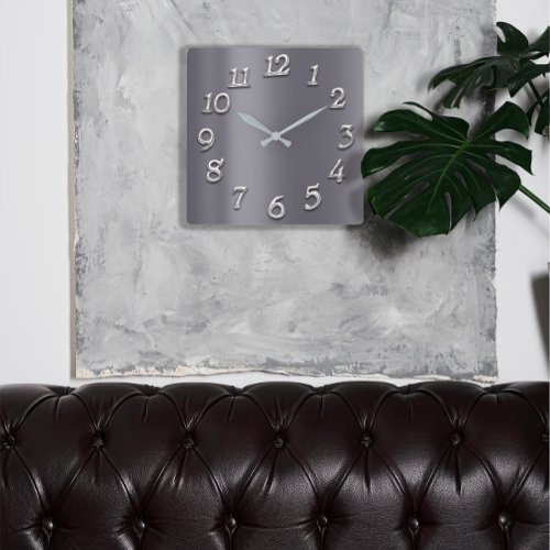 Gray Graphite Metallic Minimal Silver Arabic Numbe Square Wall Clock