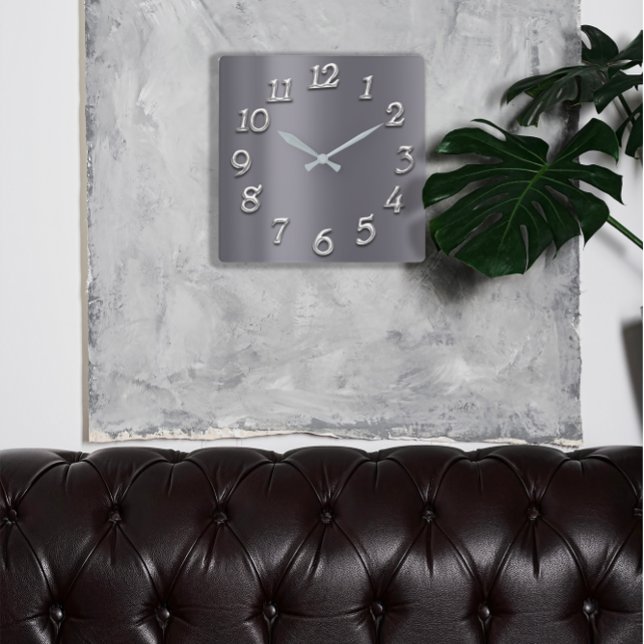 Gray Graphite Metallic Minimal Silver Arabic Numbe Square Wall Clock (FlorenceK Studio Designed in Italy )