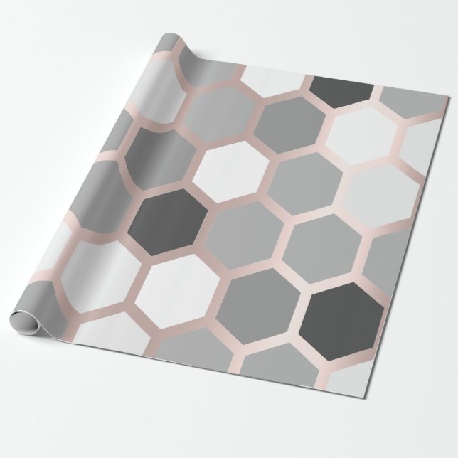 Gray Graphite Rose Gold Geometry Honey Bee Hexagon Wrapping Paper (Unrolled)