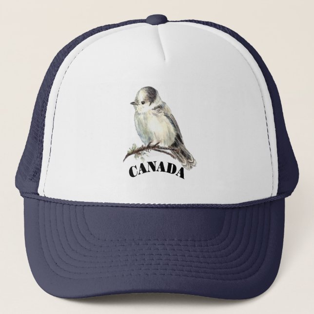 Gray Gray Jay Bird Canada's National Birder  Trucker Hat (Front)