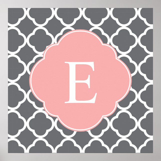 Gray Gray Peach Quatrefoil Monogram Poster (Front)