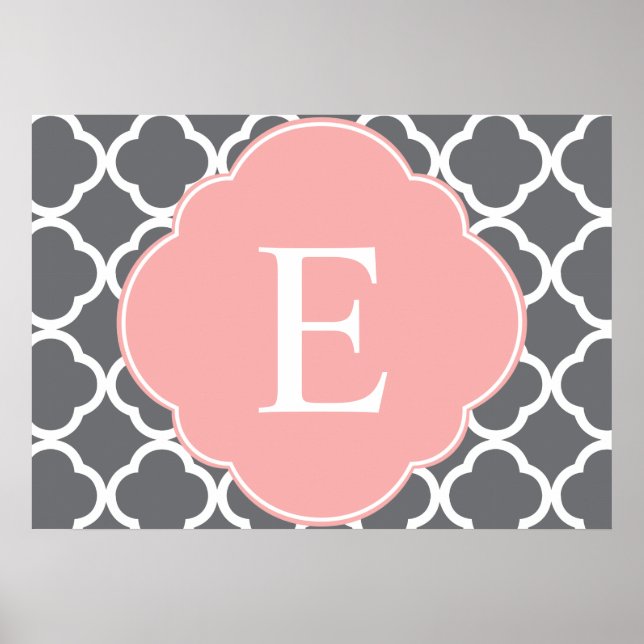 Gray Gray Peach Quatrefoil Monogram Poster (Front)
