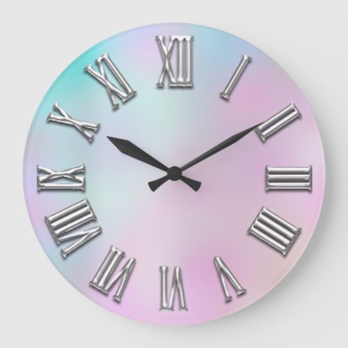 Gray Gray Pink Silver Roman Number Holograph Large Clock