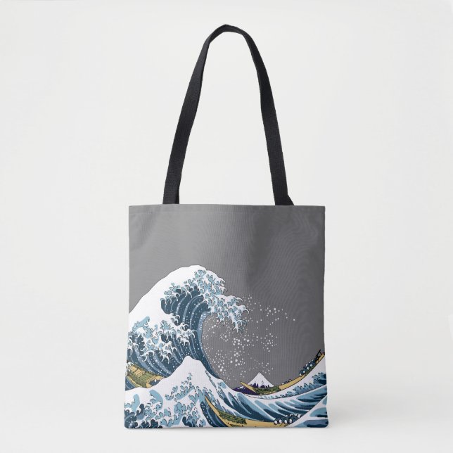 Gray Great Wave off Kanagawa Modern Pop Tote Bag (Front)