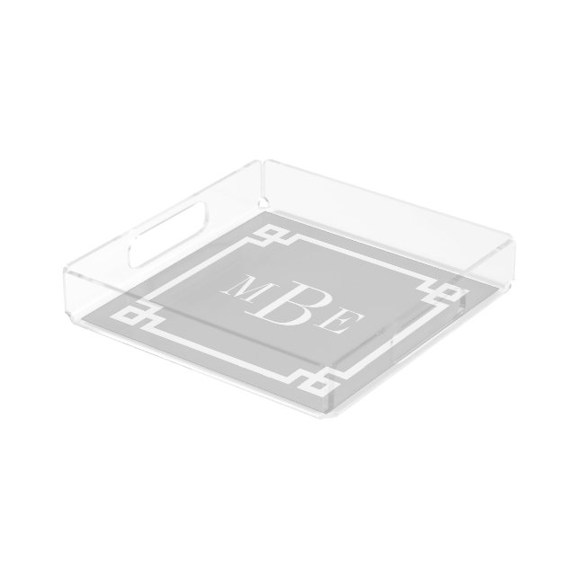 Gray Greek Key Border Monogram Acrylic Tray (Angled)