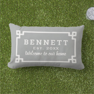 Gray Greek Key Custom Monogram Welcome Lumbar Pillow
