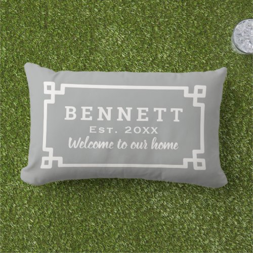 Gray Greek Key Custom Monogram Welcome Lumbar Pillow