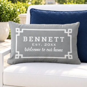 Gray Greek Key Monogram Welcome Lumbar Pillow