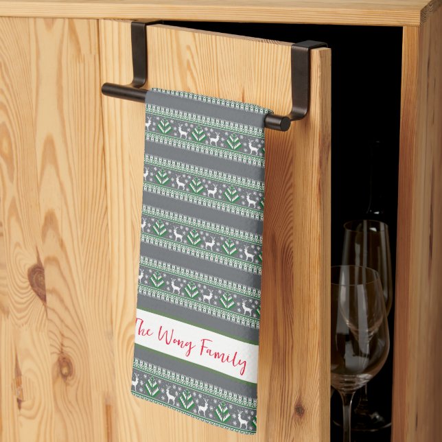 Gray Green and White Fair Isle Christmas Kitchen Towel (Thirds Fold)