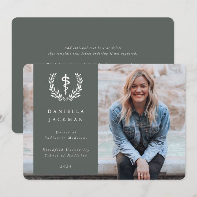 Gray-Green Asclepius Medical Graduation Photo Announcement (Front/Back)