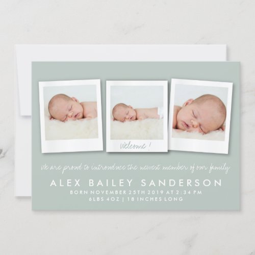 Gray Green Birth Announcement with Three Photos