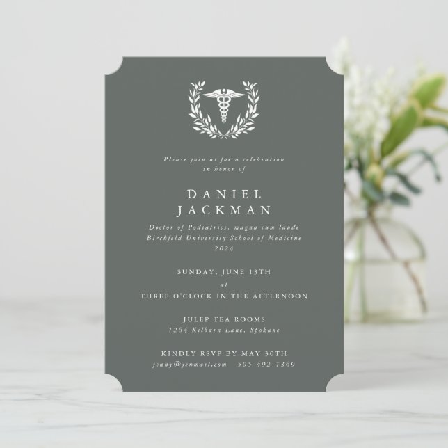 Gray-Green Caduceus Medical School Graduation Invitation (Standing Front)