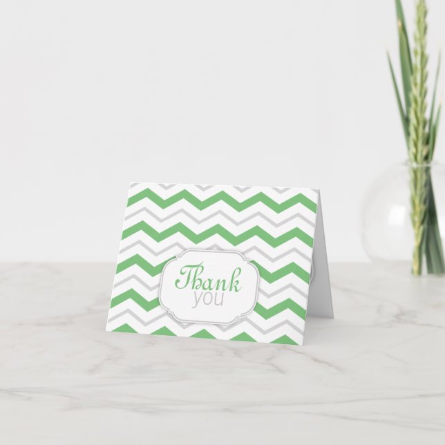 Gray & Green Chevron Modern Thank You Cards (Front)
