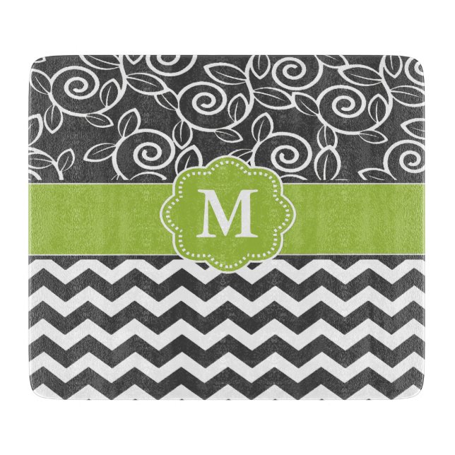 Gray Green Chevron Monogram Cutting Board (Front)
