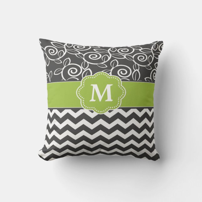 Gray Green Chevron Monogram Throw Pillow (Front)
