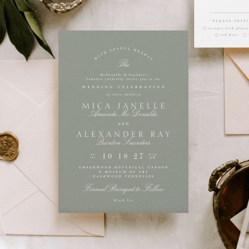 Gray Green  Classic Elegant Formal Wedding Invitation