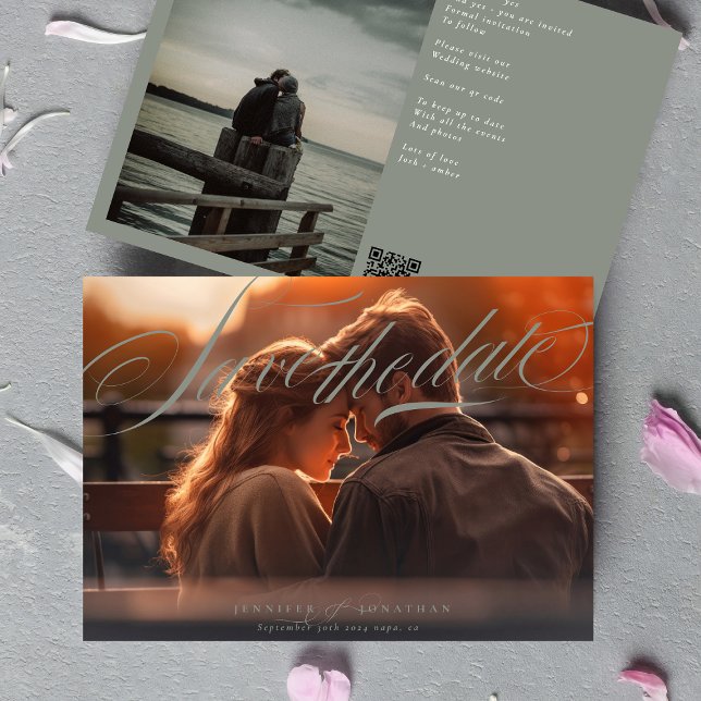 Gray Green Classic Elegant QR Code Photo Wedding Save The Date (Creator Uploaded)