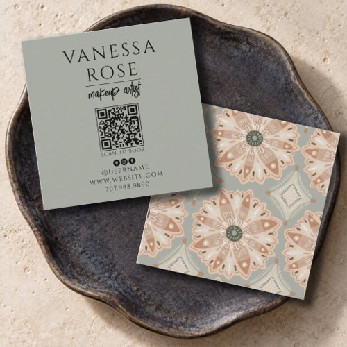 Gray Green Coral Floral Beauty QR Code Square Business Card