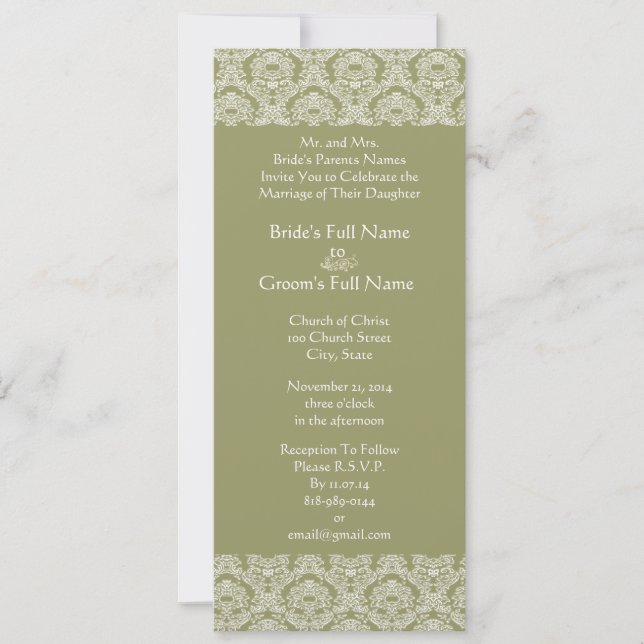 Gray Green Damask Swirls Wedding Invitation (Front)