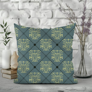 Gray Green Diamond Damask Pattern Throw Pillow