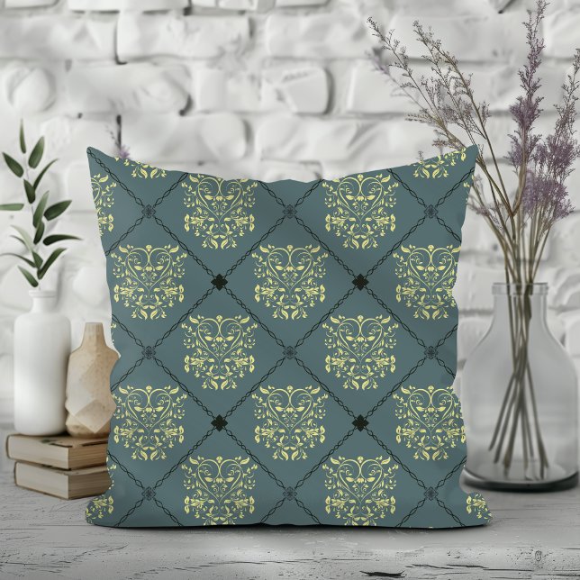 Gray Green Diamond Damask Pattern Throw Pillow (Creator Uploaded)