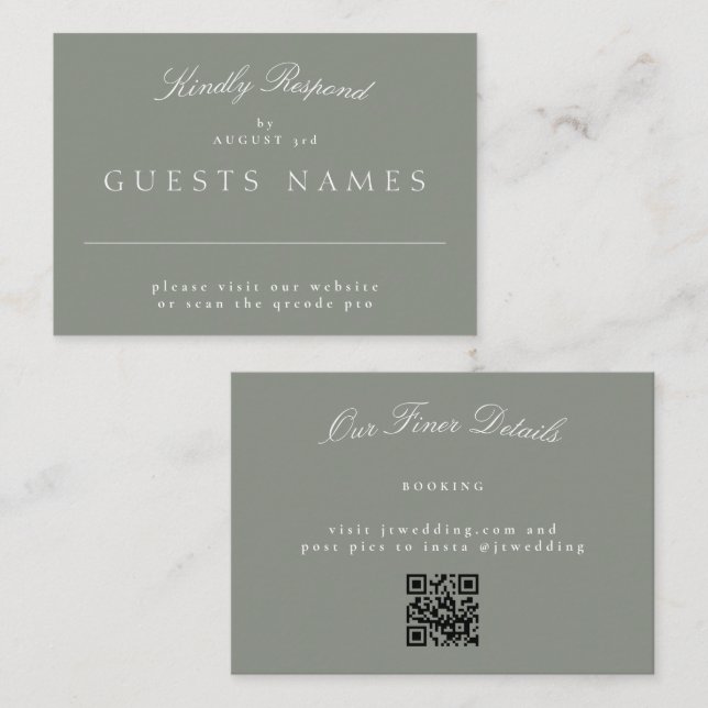 Gray Green Elegant Classic Wedding QR CODE RSVP Note Card (Front/Back)