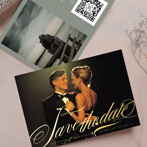 Gray Green Elegant Gold Calligraphy QR Code Photo Foil Invitation