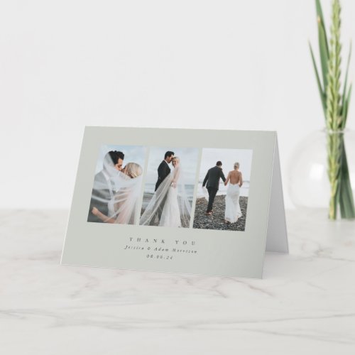 Gray_Green Elegant Minimal Triple Photo Wedding Thank You Card