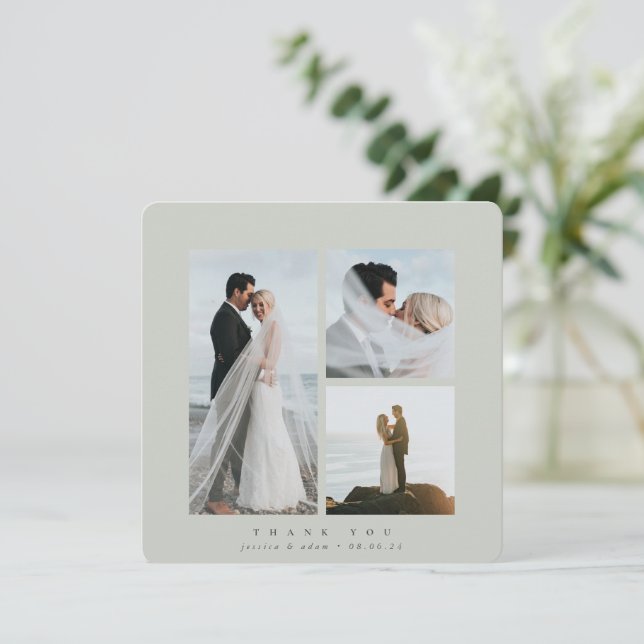Gray-Green Elegant Square Three Photo Wedding Flat Thank You Card (Standing Front)