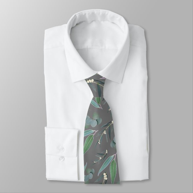Gray Green Eucalyptus Greenery Pattern Neck Tie (Tied)