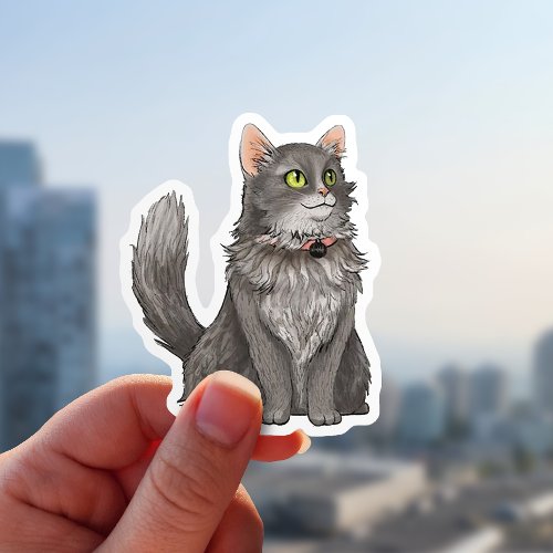 Gray Green_Eyed Cat in a Pink Collar Pet Portrait Sticker