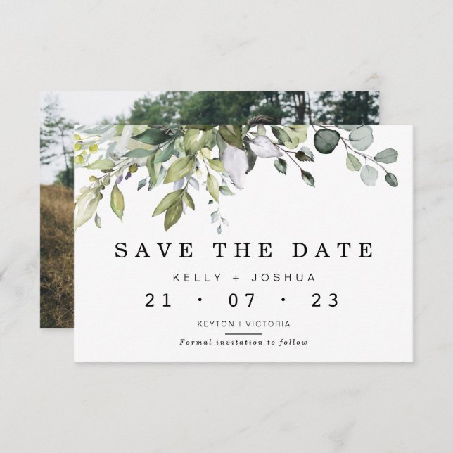 Gray Green Foliage Wedding Save The Date Card (Front/Back)