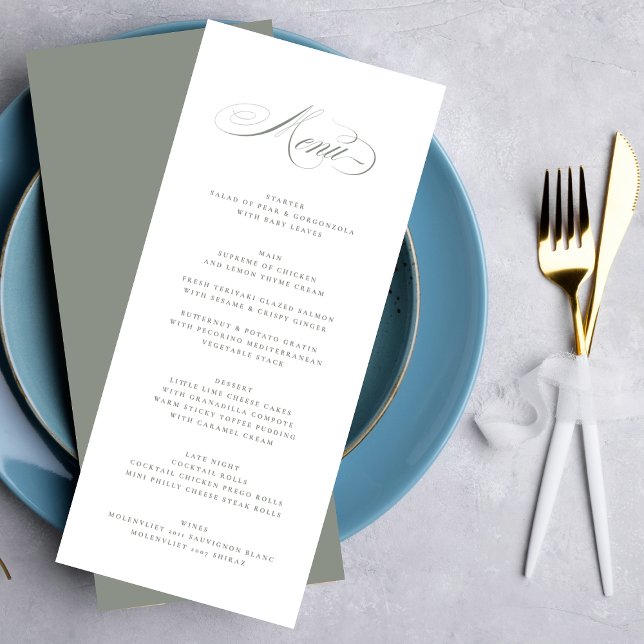 Gray Green Formal Elegant Calligraphy Wedding Menu (Creator Uploaded)