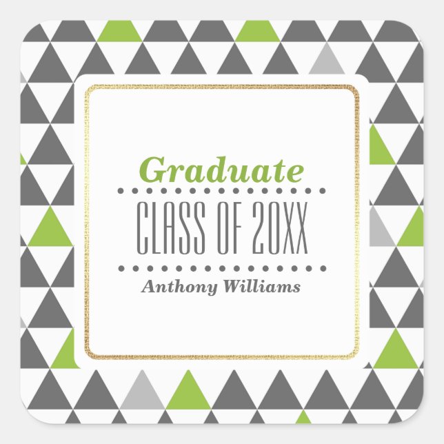 Gray | Green Geometric Pattern Custom Graduation  Square Sticker (Front)